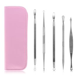 5 Pcs Blackhead Remover Kit Pimple Comedone Extractor Tool Set Stainless Steel (Color: pink)